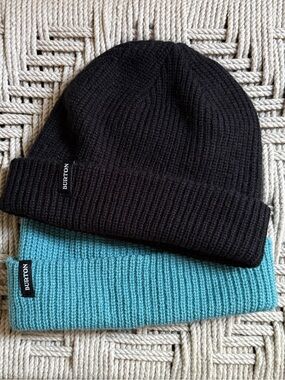Burton Ribbed Knit Beanie Hat Bundle Black Teal Cuffed Stretch Winter Caps
